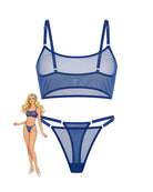 Blue mesh camisole bra and panty set with strappy back, scoop neckline