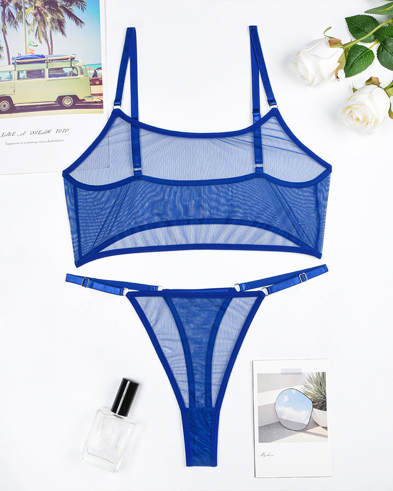 Camisole bra set in blue mesh with bra and thong, adjustable straps
