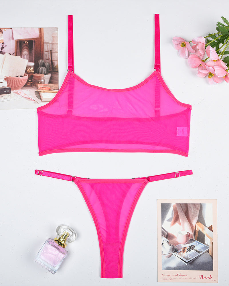 Camisole bra set in hot pink mesh with bra and thong, flat lay