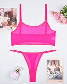 Camisole bra set in hot pink mesh with bra and thong, flat lay