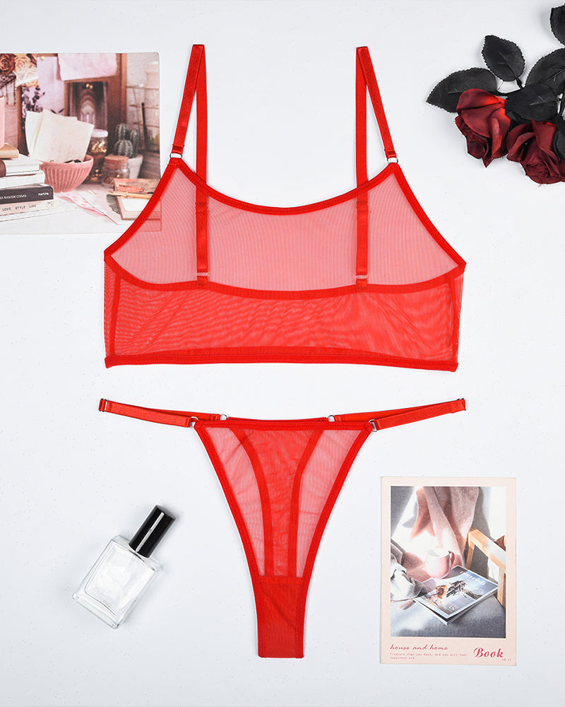 Red mesh see-through camisole bra and thong set, laid flat
