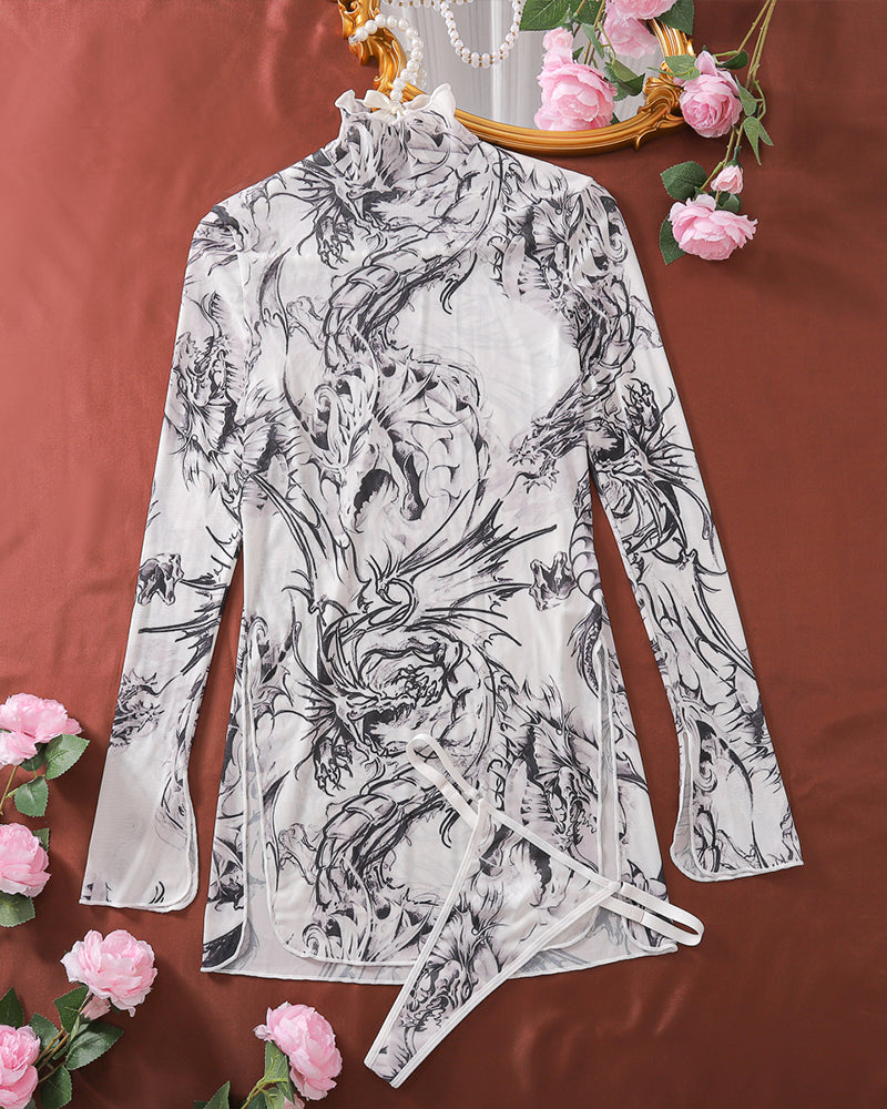 Black-and-white printed mesh mini dress with long sleeves, mock neck, asymmetrical hem