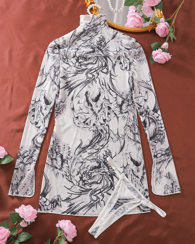 Black-and-white printed mesh mini dress, mock neck and long sleeves, tied back hem
