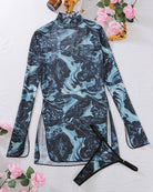 Blue and black marbled mesh mini dress with high side slit and long sleeves