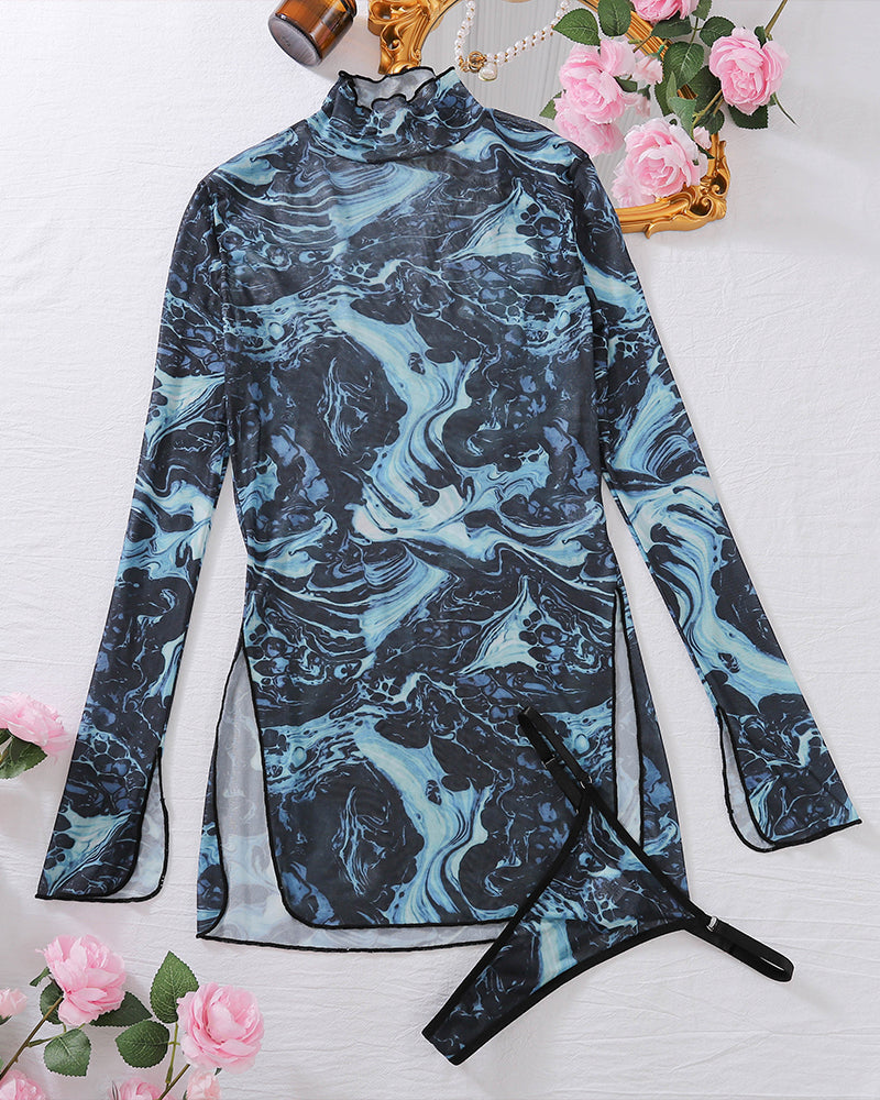 Blue and black marbled mesh mini dress with high side slit and long sleeves