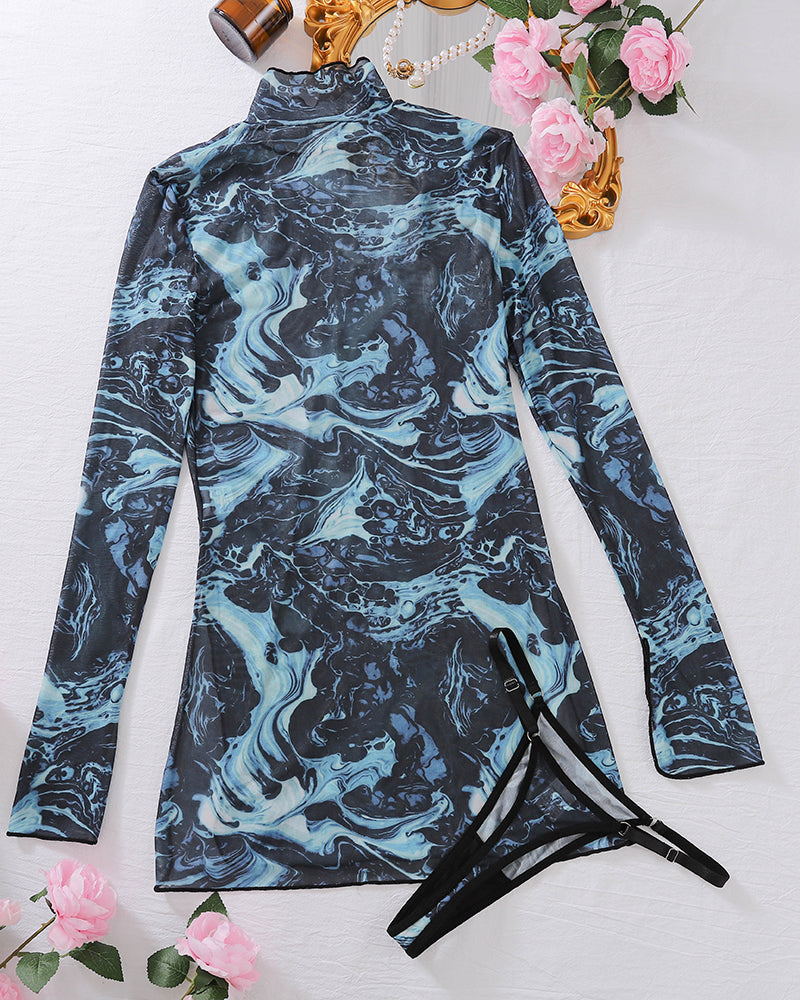 Blue and black marbled mesh mini dress, mock neck, long sleeves, tied side hem
