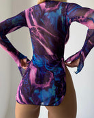 Purple-blue tie-dye mesh high-neck dress, long sleeves, high side slit