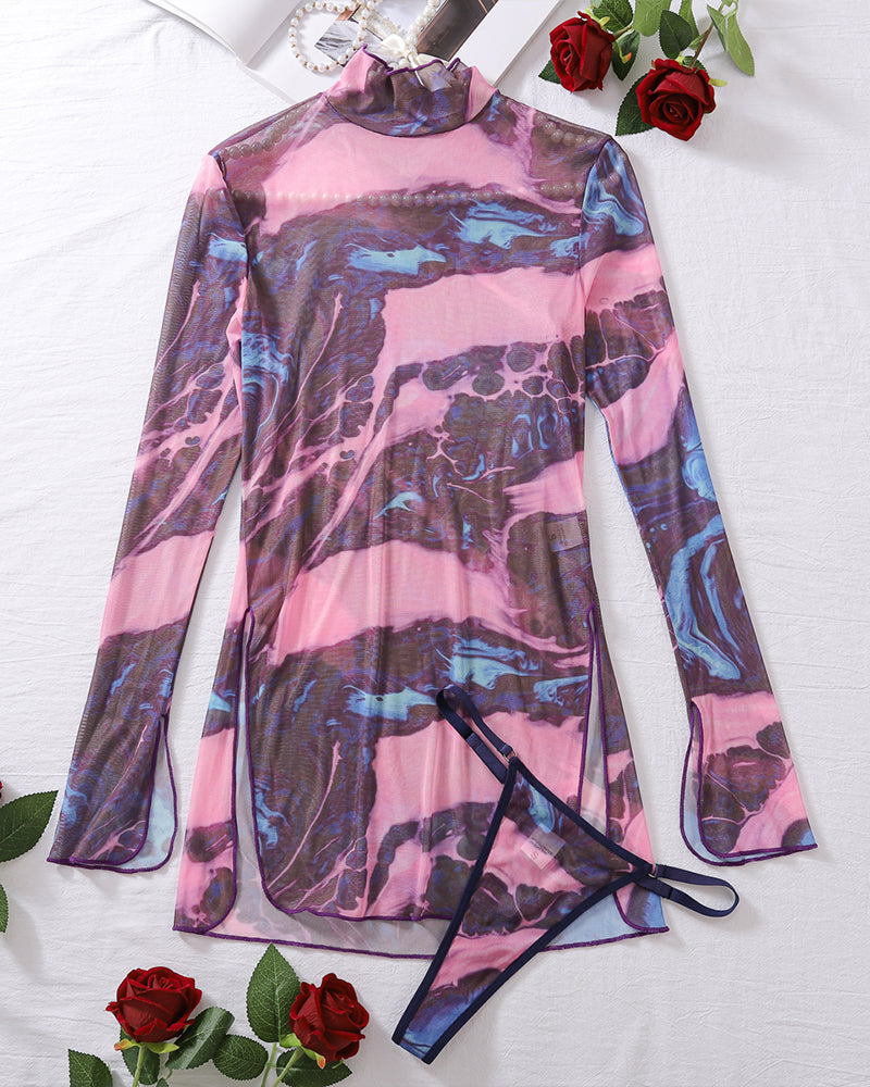 Pink-purple tie-dye mesh mini dress, high neck, long sleeves, side tie slit