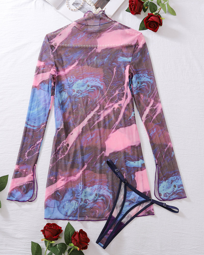 Back of pink-blue tie-dye mesh mini dress, high neck, long sleeves, side tie slit