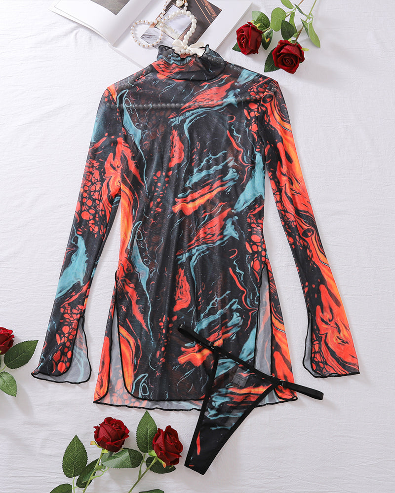 Black tie-dye mesh high-neck dress, long sleeves, high side slit with tie