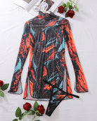 Black tie-dye mesh high-neck dress, long sleeves, high side slit with tie