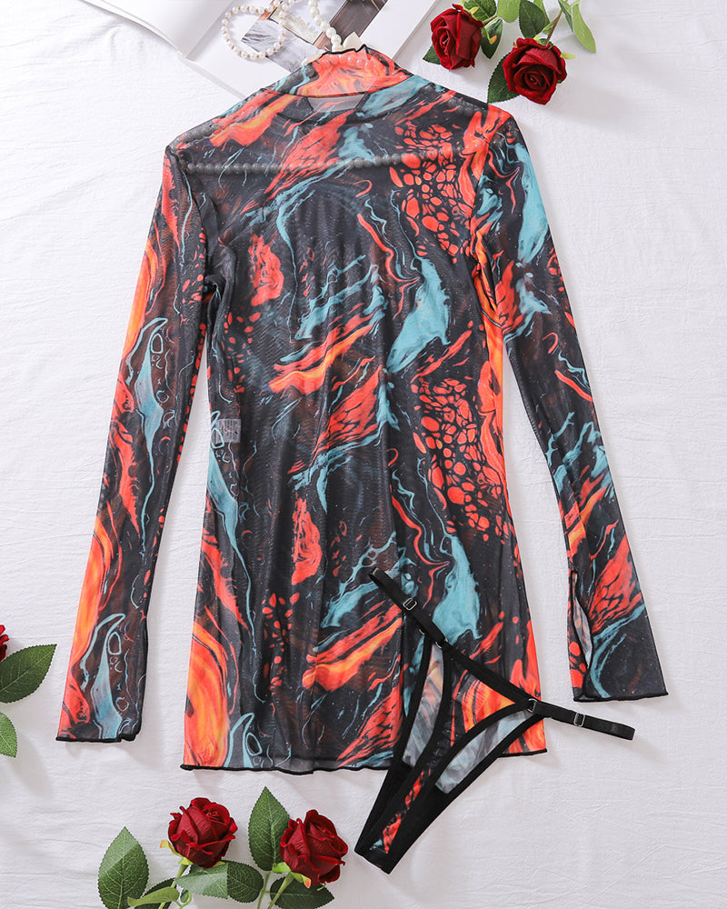 Black-orange tie-dye mesh high-neck mini dress, long sleeves, high side slit tie