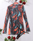 Black-orange tie-dye mesh high-neck mini dress, long sleeves, high side slit tie