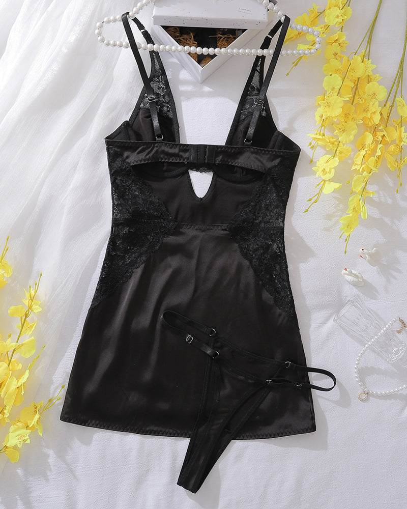 Black satin hollow-strap nightdress with lace cups and adjustable garters