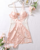Pink satin hollow-strap nightdress with lace cups and attached garter belt, slim fit