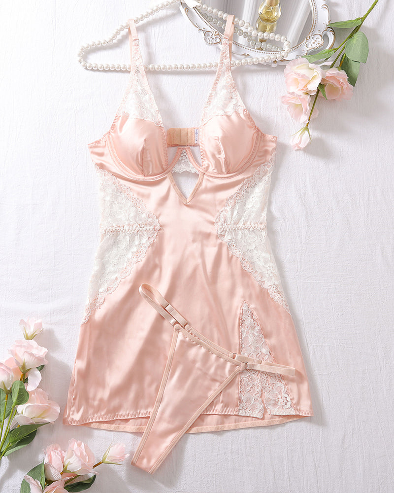 Pink satin hollow-strap nightdress with lace cups and attached garter belt, slim fit