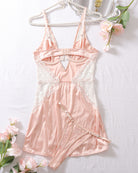 Pink backless hollow-strap nightdress with lace-trim straps and attached garter belt