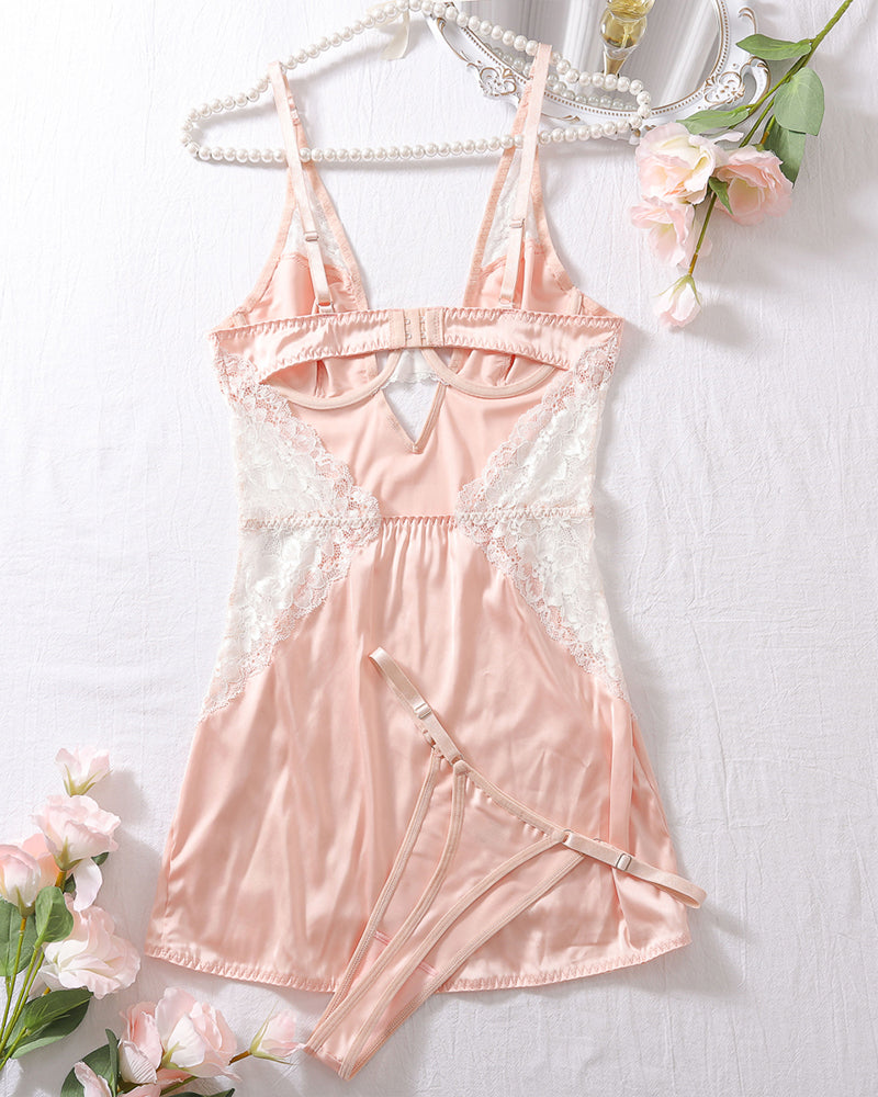 Pink backless hollow-strap nightdress with lace-trim straps and attached garter belt
