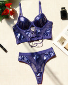 Purple PU mesh splicing bra set, flat lay of underwire bra and thong