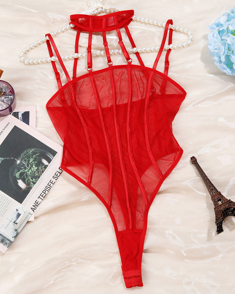 Red sheer patchwork bodysuit with high neck choker and garter straps