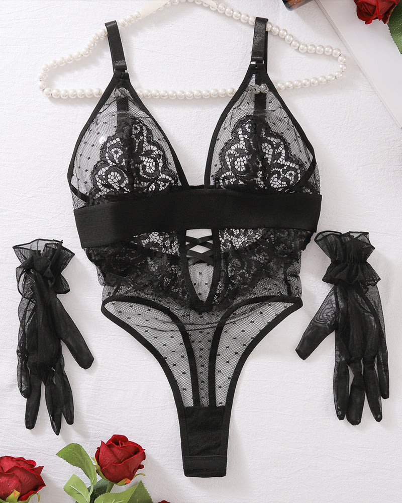 Black lace and mesh open-crotch bodysuit set with lace cups and tie-up glove accents