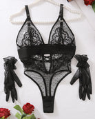 Black lace and mesh open-crotch bodysuit set with lace cups and tie-up glove accents