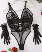 Black lace and mesh open-crotch bodysuit with lace cups, waist harness, and glove accents