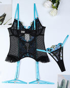 Black lingerie two-piece set with blue floral embroidery: corset top and thong with garters