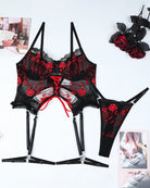 Black lace bra and thong set with red rose embroidery and adjustable garter straps