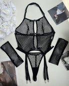 Black fishnet lingerie pieces: open bra, thong, garters, and two thigh-highs