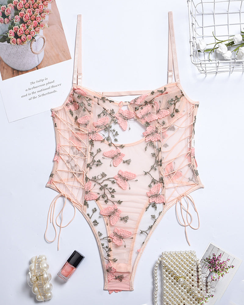 Pink sheer lace bodysuit with floral butterfly embroidery, high-cut thong back