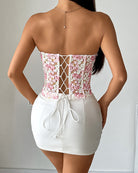 Floral strapless tube corset top, lace-up crisscross back with white ribbon ties