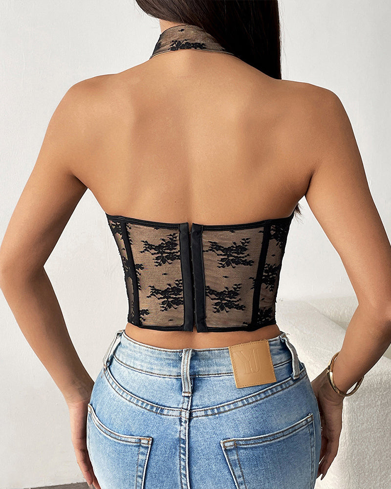 Black lace backless bustier with sheer corset back panel and lace trim