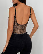 Leopard print lace bodysuit with open back and thin spaghetti straps, back view