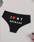 Black hipster panties with red heart and “I ♥ MY HUSBAND” lettering