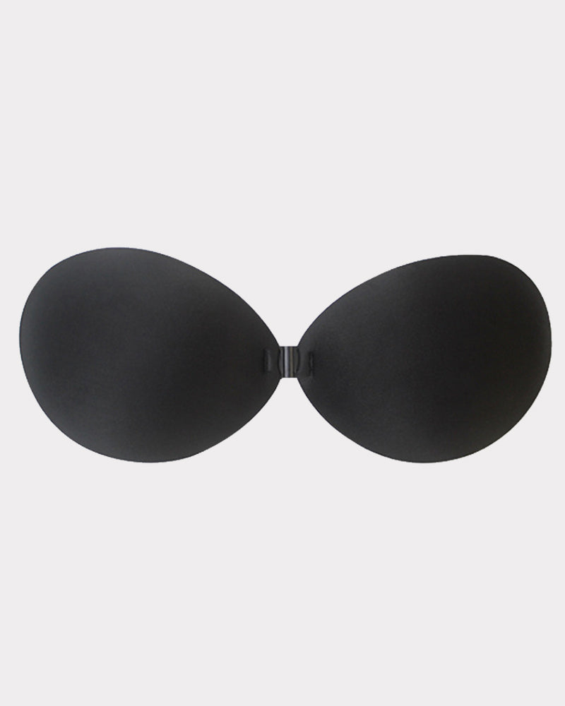 Black stick-on push-up bra cups with center clasp, smooth seamless finish