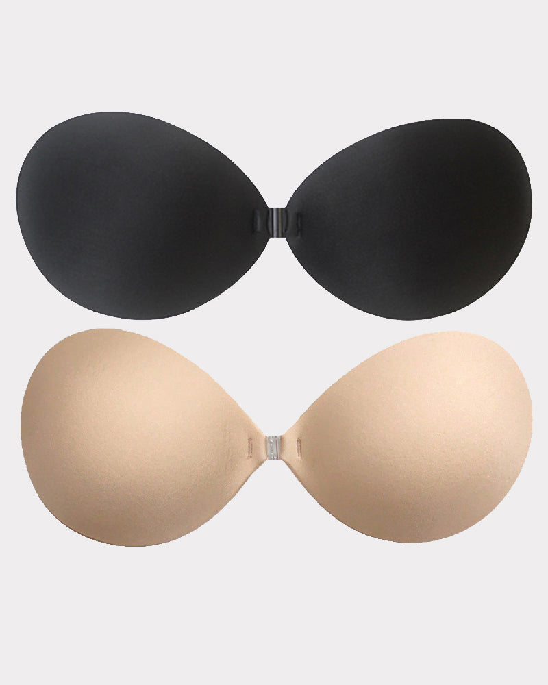 Set of black and beige stick-on push-up bra cups with center clasp, smooth finish