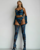 Watercolor mesh lingerie set with bralette, high-waist briefs, thigh-high hold-ups and gloves