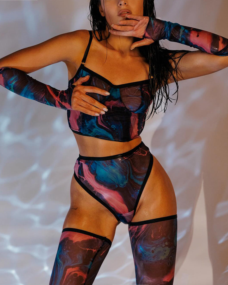 Watercolor mesh lingerie set showing bralette, high-waist briefs, arm gloves and thigh-high hold-ups