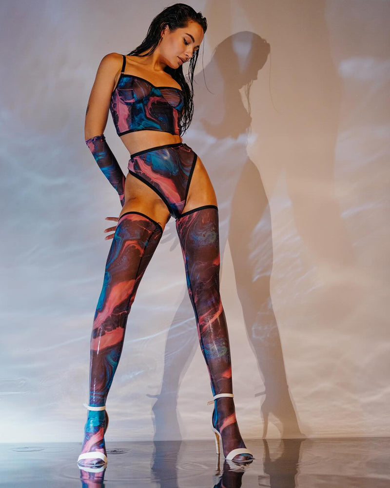 Watercolor mesh lingerie set with bralette, high-waist briefs, thigh-high hold-ups and arm gloves