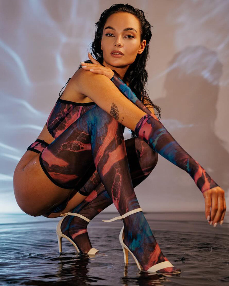 Watercolor mesh lingerie set with bralette, high-waist briefs, thigh-high hold-ups and arm gloves