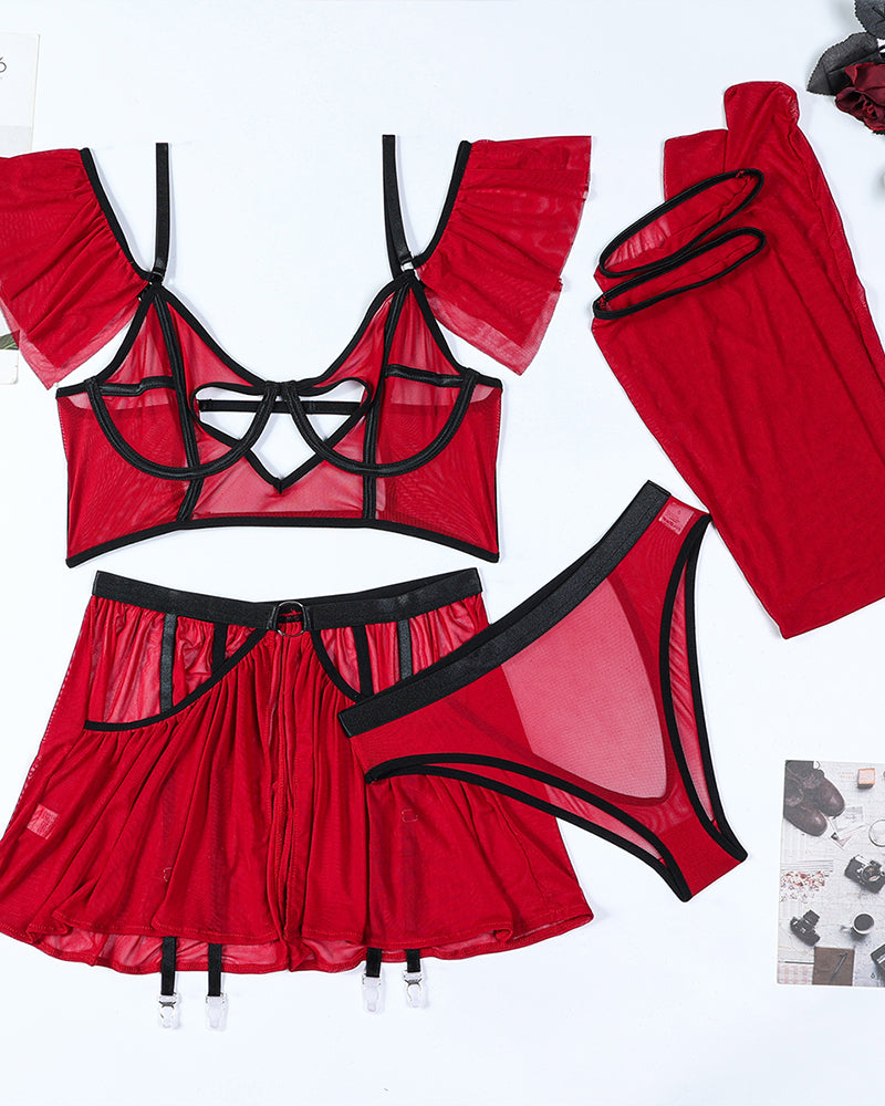 Wine red lingerie set flat lay: heart cutout bra, tulle skirt, garter stockings, panty