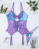 Flat lay: purple lace and metallic gradient lingerie set with cross-tie waist