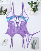 Flat lay: purple lace lingerie set with metallic gradient cups and garter straps