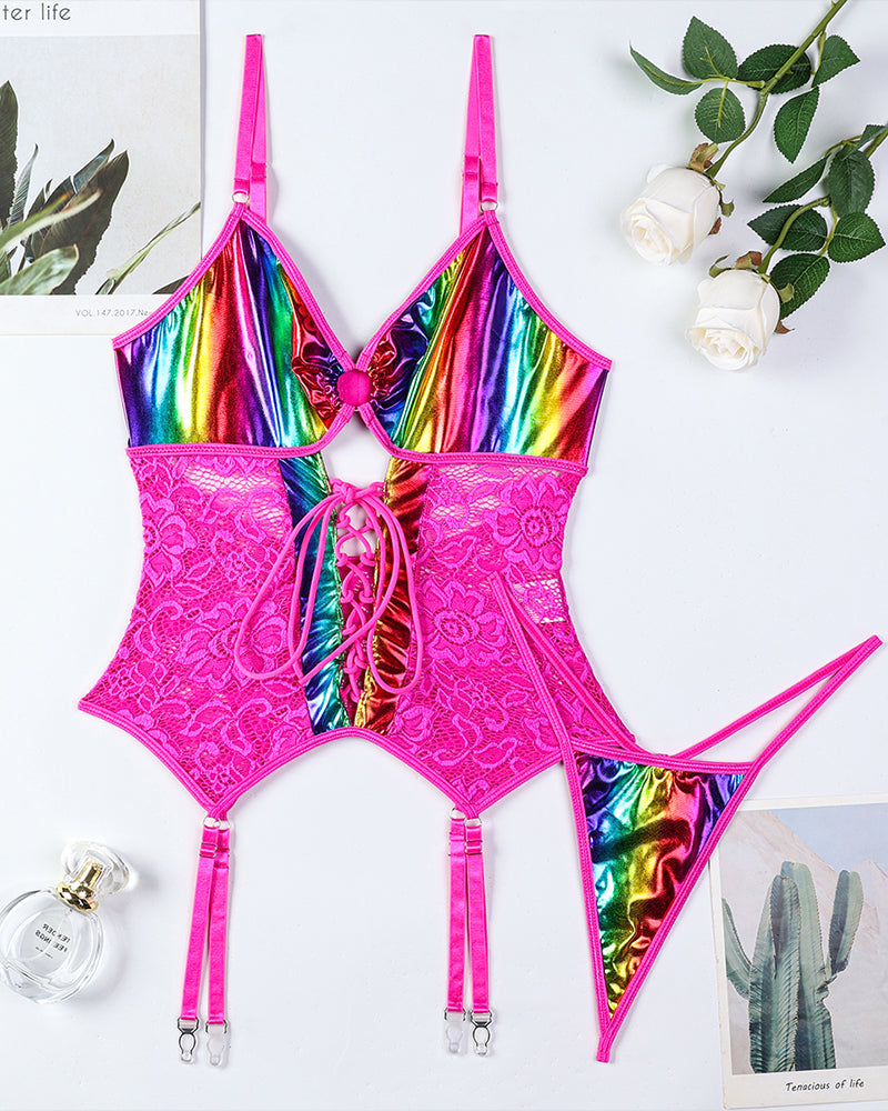Flat lay: rose pink lace lingerie set with rainbow gradient cups and garters