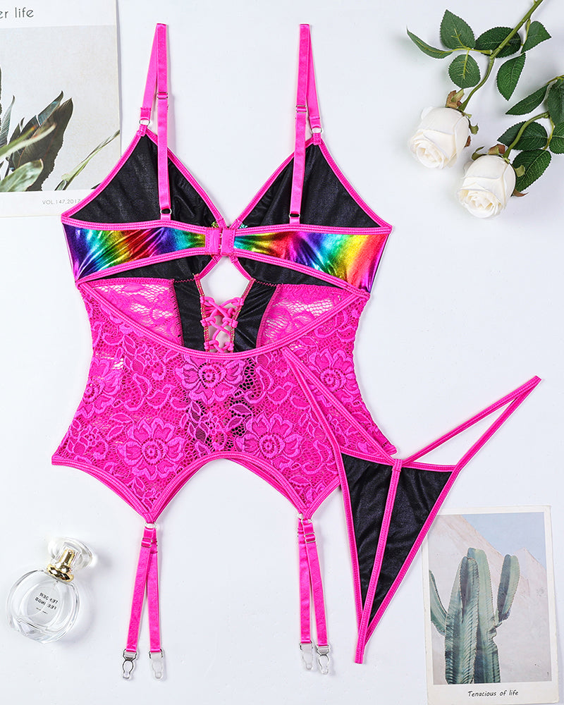 Rose red lace lingerie set with gradient laser bra, cross tie waist and garter straps