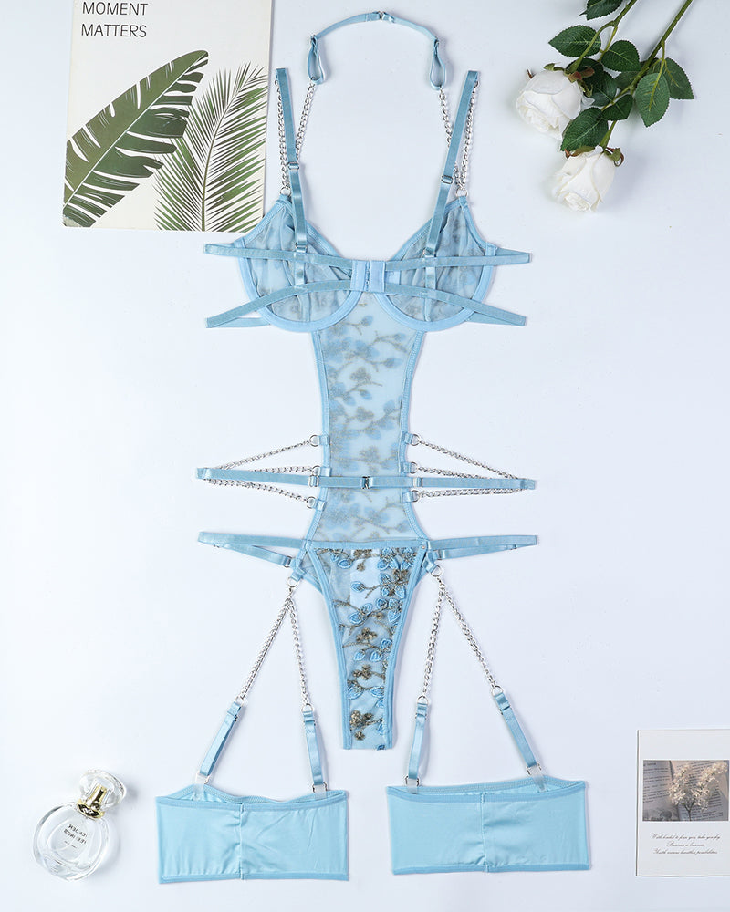 Light blue lace embroidered chain bodysuit with chain harness and garter straps