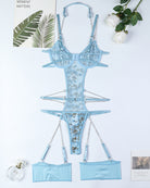 Light blue lace embroidered chain bodysuit with chain harness and garter straps