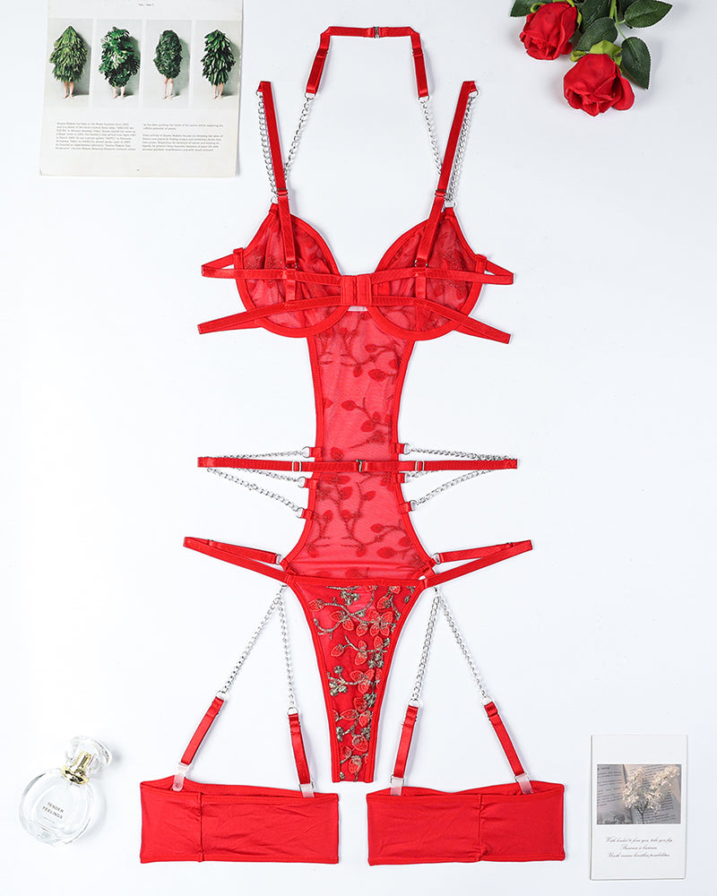 Red lace embroidered chain bodysuit with see-through mesh panels and garter straps
