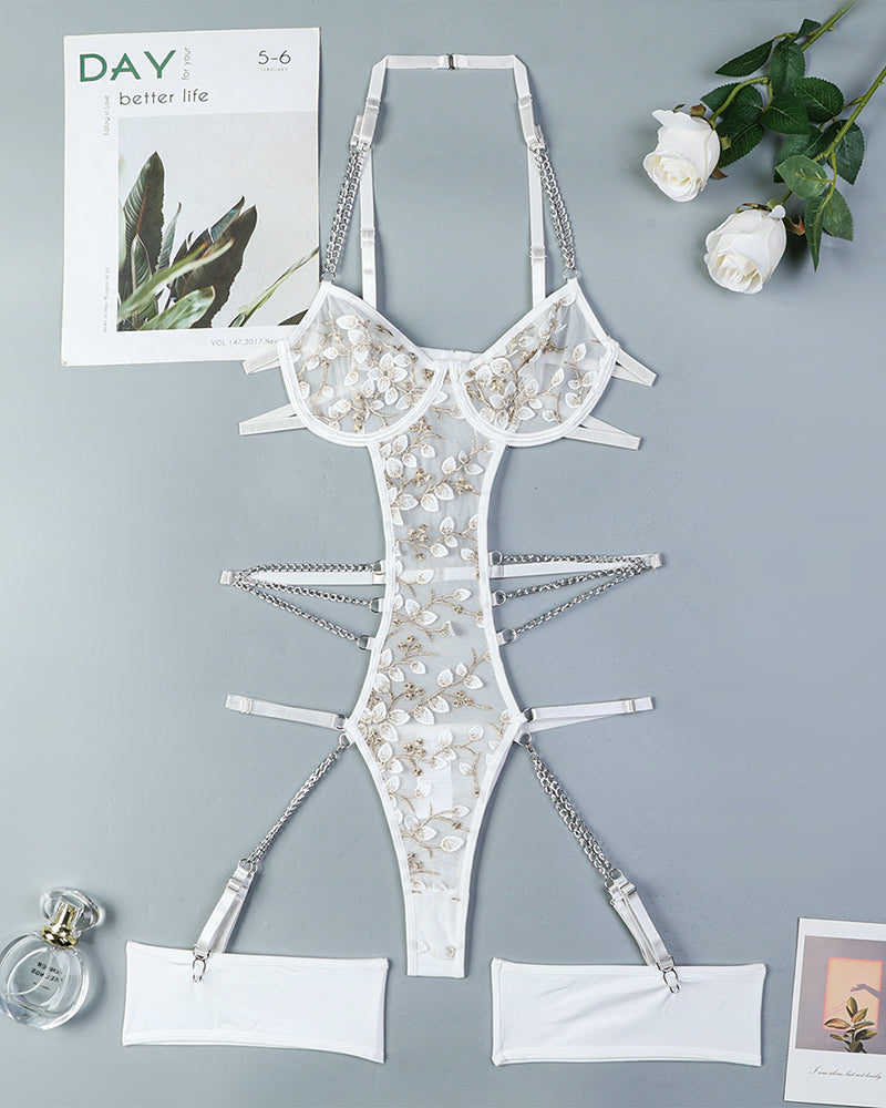 White lace embroidered chain bodysuit with floral embroidery and garter straps